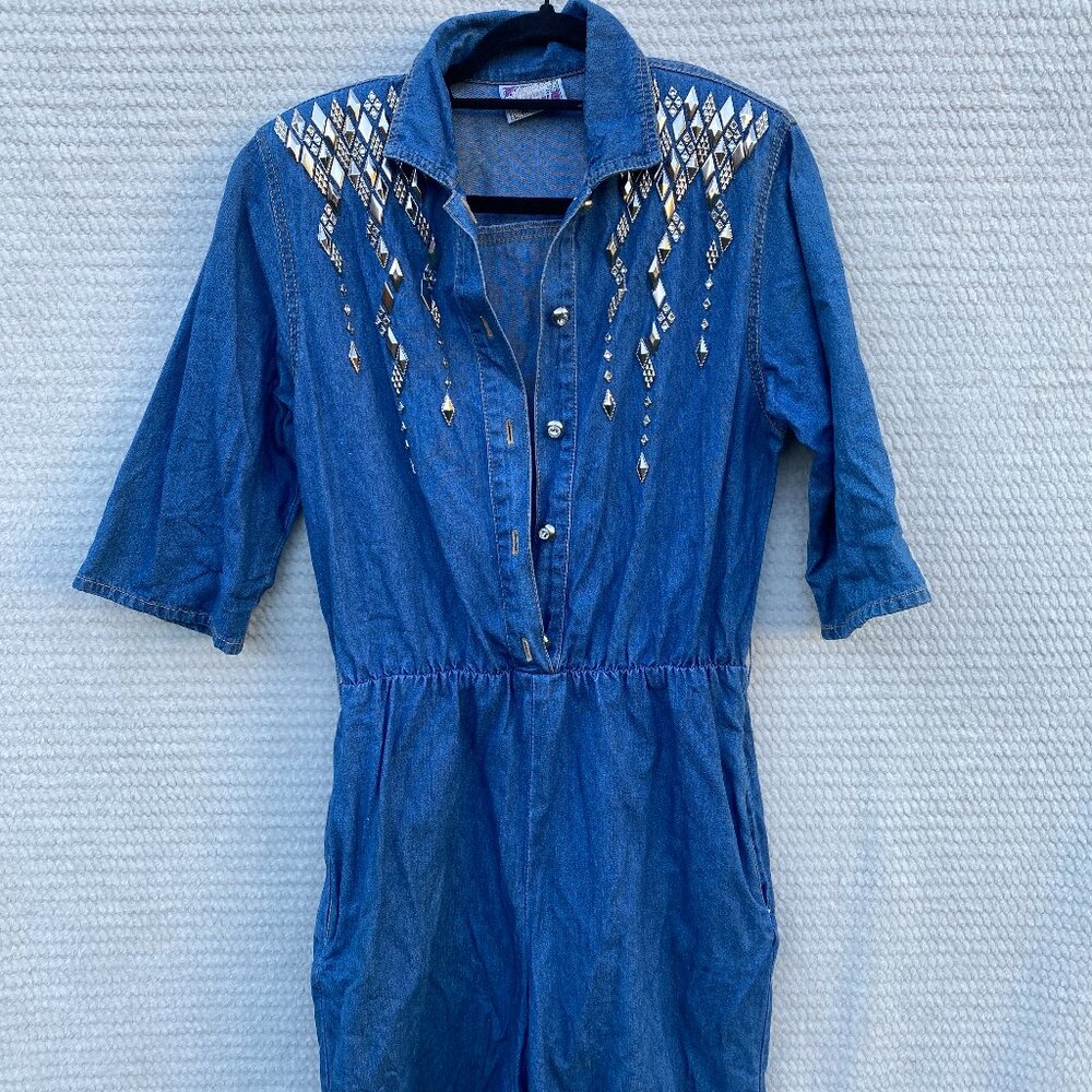 80s Disco Denim Bedazzled Cowboy Rodeo Romper